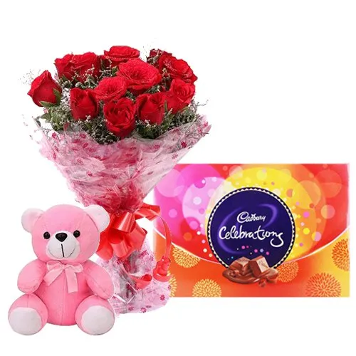 Teddy with Cadbury Celebrations N Red Rose Bouquet