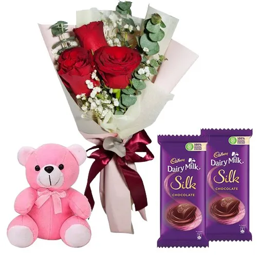 Teddy with Red Roses N Chocolates