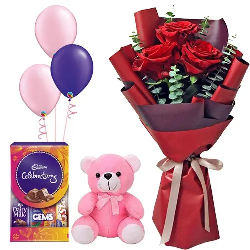 Chocolates with Teddy Roses N Balloons