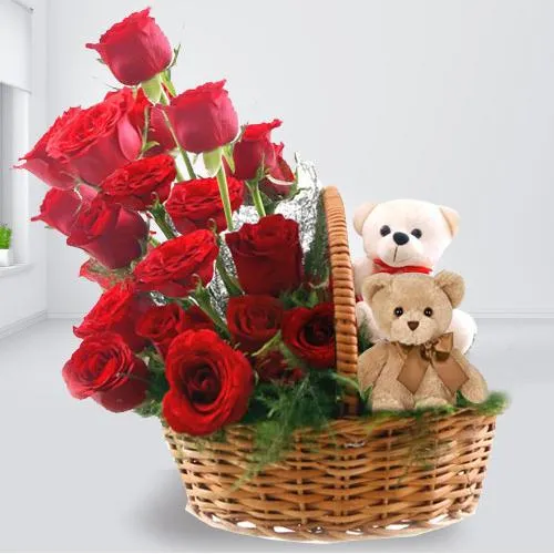 Dual Teddies with Red Roses Basket Arrangement