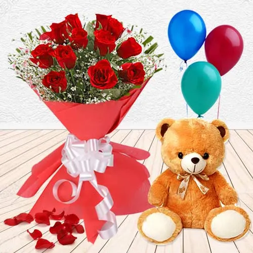 Teddy with Balloons N Red Roses