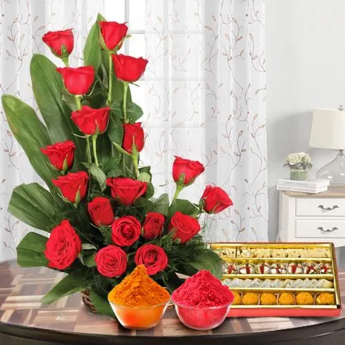 Exquisite 18 Red  Roses with delicious heavenly mixed Sweets