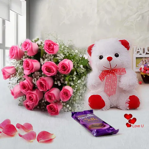 Elegant Pink Roses Bouquet with Silk N Teddy