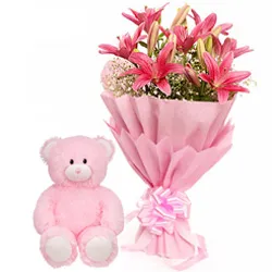 Teddy with Pink Lilies Bunch
