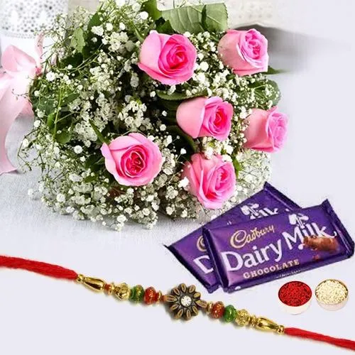 Beautiful Rakhi With Roses And Chocolates