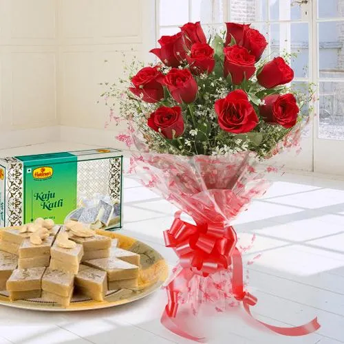 Red Rose Bouquet with Kaju Katli