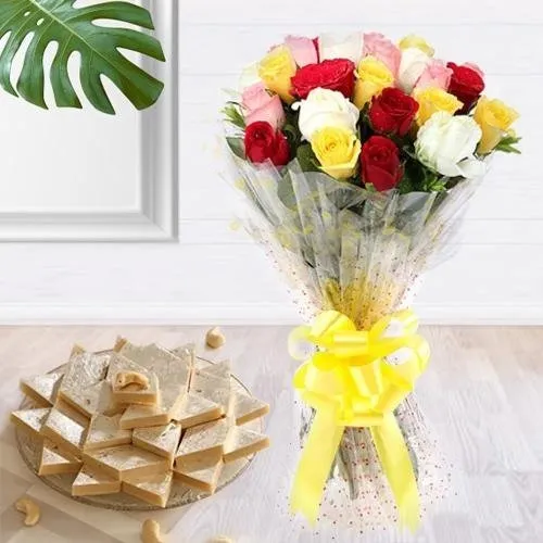 Charming assorted Roses with delicious Kaju Barfi delight