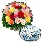 Tasty Kaju Barfi with Mixed Roses Bouquet