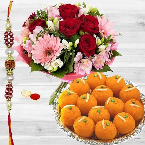 Lovely Flowers Bouquet with Boondi Ladoo N  Rakhi