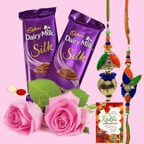 2 Dairy Milk Silk with Bhaiya Bhabhi Rakhi 2 Pink Roses & Free Rakhi Card
