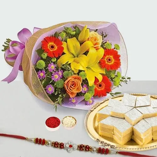 Rakhi with Kaju Katli N Flowers Bouquet Combo