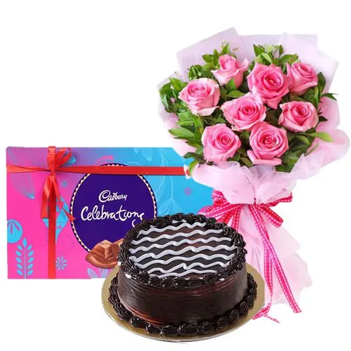 Delectable Cake Pink Rose Bouquet and Cadbury Celebrations