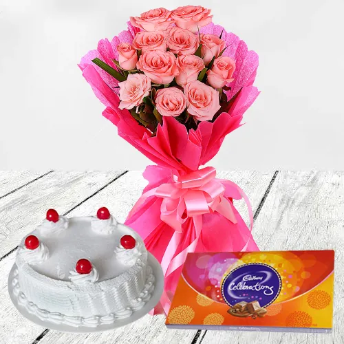 Delicious Cadbury Celebrations with Cake and Pink Rose Bouquet