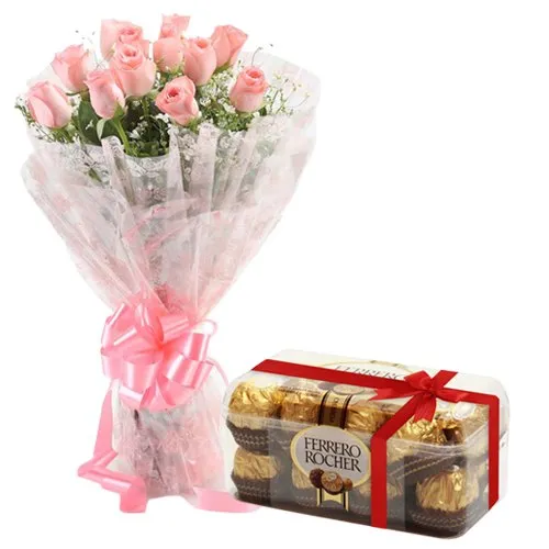 Ever Delightful Pink Roses Bunch and Ferrero Rocher Combo