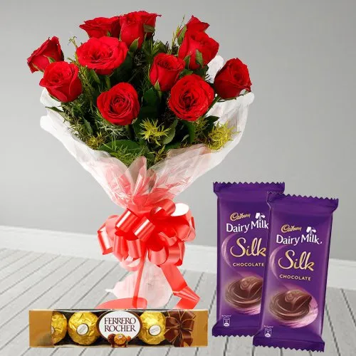 Delicious Ferrero Rocher Dairy Milk Silk with Rose Bouquet