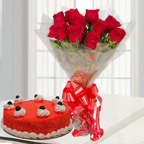Brilliant Red Rose Bouquet with Red Velvet Cake