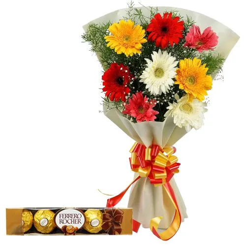 Combo Pack of Ferrero Rocher Chocolate and Gerberas Bouquet