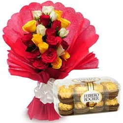 Blooming Birth Day Mixed Roses with Enjoyable Ferrero Rocher