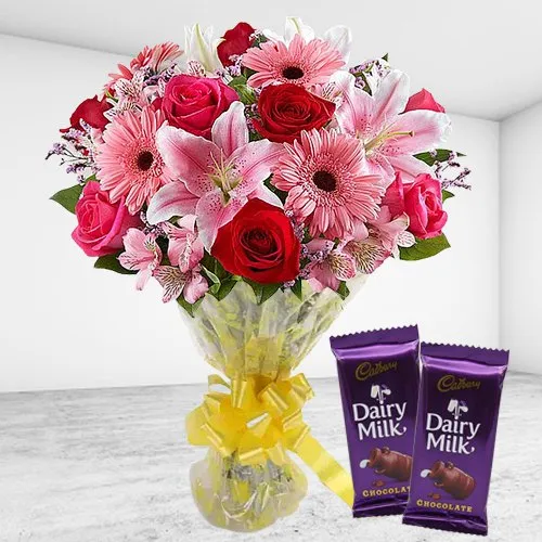 Charming Mixed Flowers Bouquet with Cadbury Chocolates