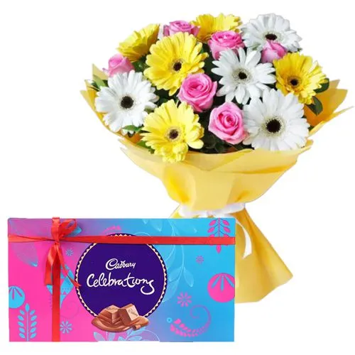 Elegant Mixed Flowers Bouquet with Cadbury Celebrations