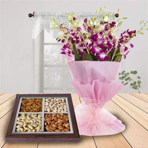 Stunning Combo of Orchids Bouquet and Dry Fruits Tray