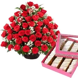 Marvelous Red Roses with Kaju Barfi