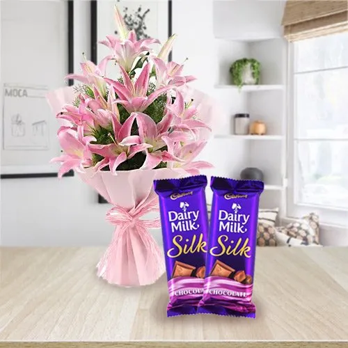 Marvelous Oriental Pink Lilies with Dairy Milk Silk