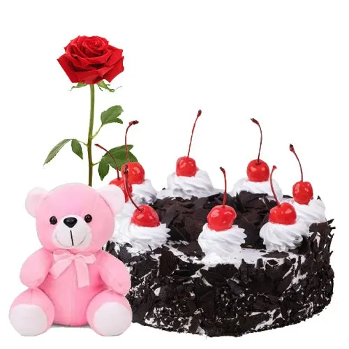 Yummy Black Forest Cake with Rose N Teddy