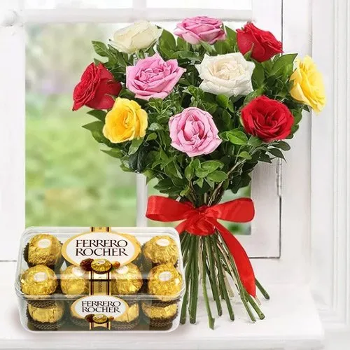 Combo of Mixed Roses Bunch with Ferrero Rocher Chocolates