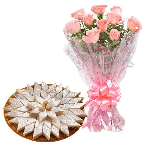 Delicious Kaju Kalti with Pink Roses Bunch