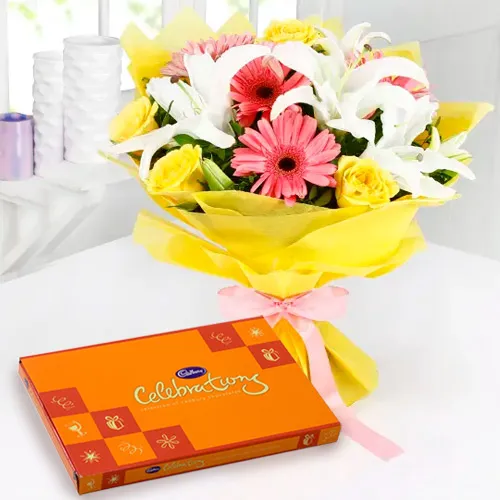 Radiant Mixed Flowers Bouquet with Cadbury Celebrations