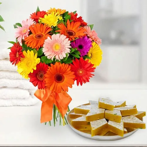 Radiant Mixed Gerberas Arrangement with Kaju Katli