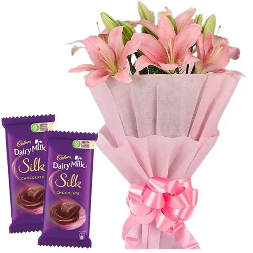 Delicious Dairy Milk Silk with Bouquet of Pink Lilies