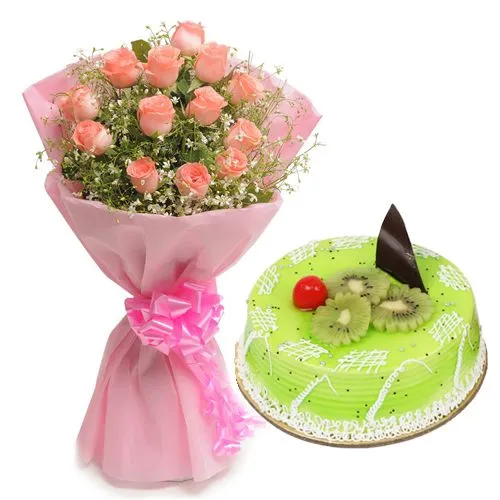 Bouquet of 10 Pink Roses with 1 kg Kiwi Cake