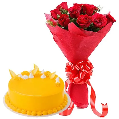 Romantic Red Roses Bouquet with Mango Flavour Cake