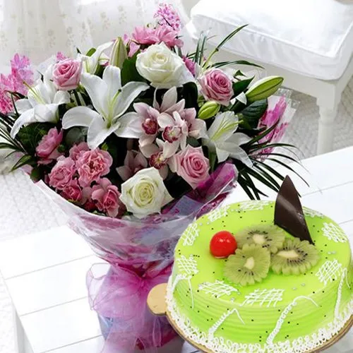 Blooming Mixed Flowers Bouquet with Kiwi Cake
