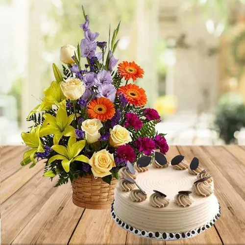 Amazing Mixed Flowers Arrangement N Coffee Cake