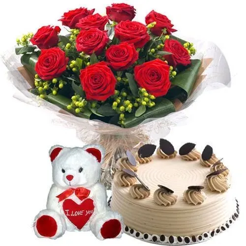 Amazing Combo of Red Roses Bouquet with Coffee Cake N Teddy
