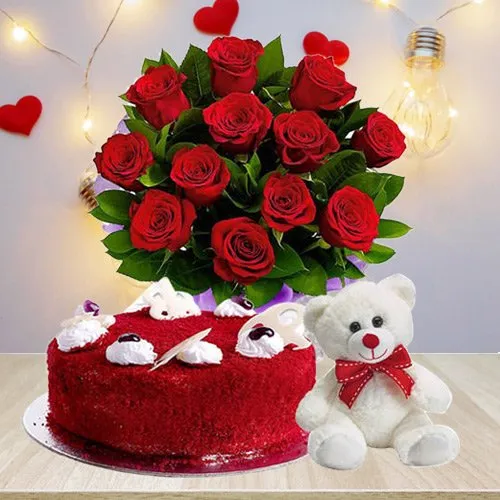 Mouth Watering Red Velvet Cake with Red Roses Bouquet N Teddy