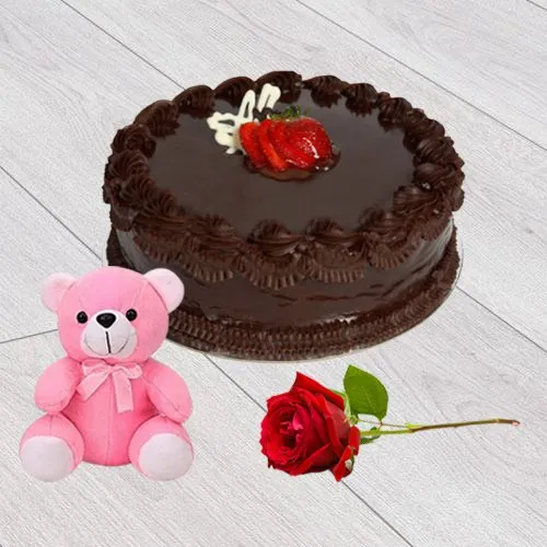 Ravishing Red Rose with Teddy N Chocolate Cake