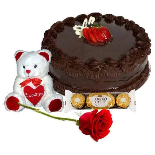 Radiant Red Rose with Chocolate Cake Ferrero Rocher N Teddy