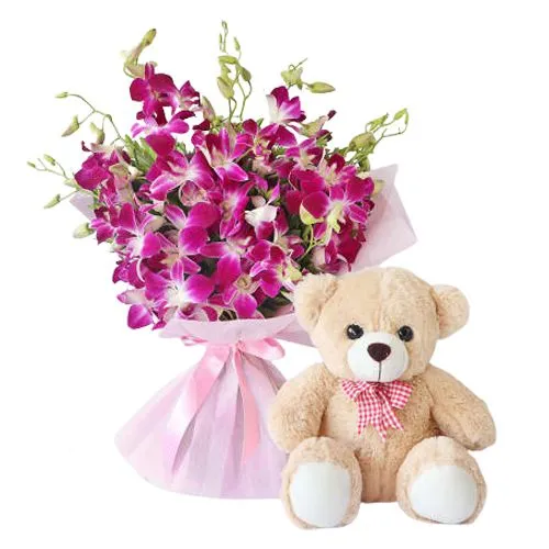 Dazzling Combo of Orchids Bunch N Teddy