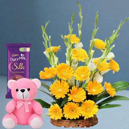 Radiant Yellow Gerberas Arrangement with Teddy N Cadbury Silk