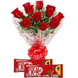 Yummy Nestle Kit Kat with Radiant Red Roses Bouquet