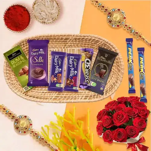 Gift Hamper of Cadbury Chocolates with Red Roses with 2 Rakhi Roli Tilak and Chawal