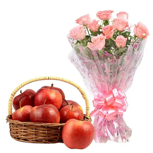 Fresh Apples in Basket with Pink Rose Bouquet