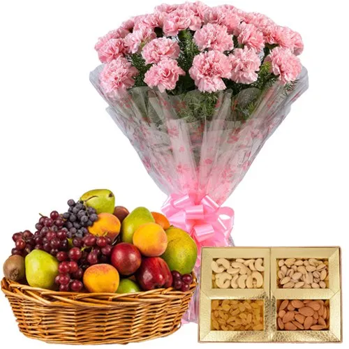 Classically Styled Fresh Fruits Basket with Top Quality Mixed Dry Fruits and Pink Carnations Basket