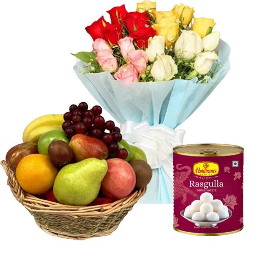 Delicious Pack of Haldirams Rasgulla with Fruits Basket and Roses Bouquet