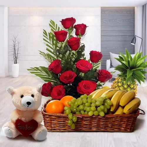 Ravishing Roses Arrangement with Teddy and Fruits Basket