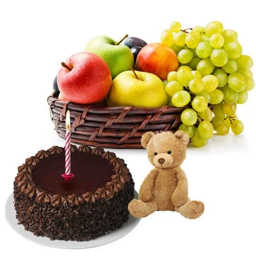 Gift Hamper of Teddy with Candles Fresh Fruits and Chocolate Cake